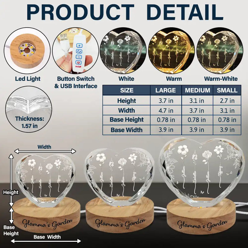 Gift For Grandma,Gift For Mother,Gift For Wife,Happy - Custom Photo Birth Flower Grandma's Garden - Personalized Crystal Heart Shaped Lamp