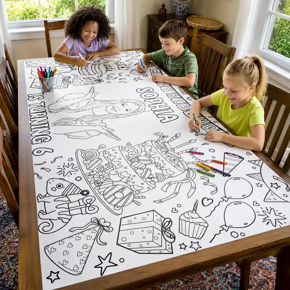 Art Design,Playful,Back To School,Gift For Kids,Photo - Outline Sketch,Icon - Custom Photo Birthday Boy Girl Outline Sketch - Personalized Coloring Tablecloth