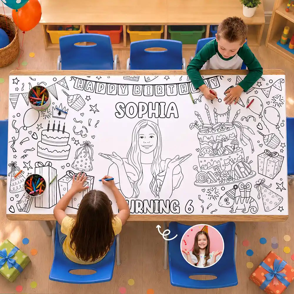 Custom Photo Birthday Boy Girl Outline Sketch - Personalized Coloring Tablecloth