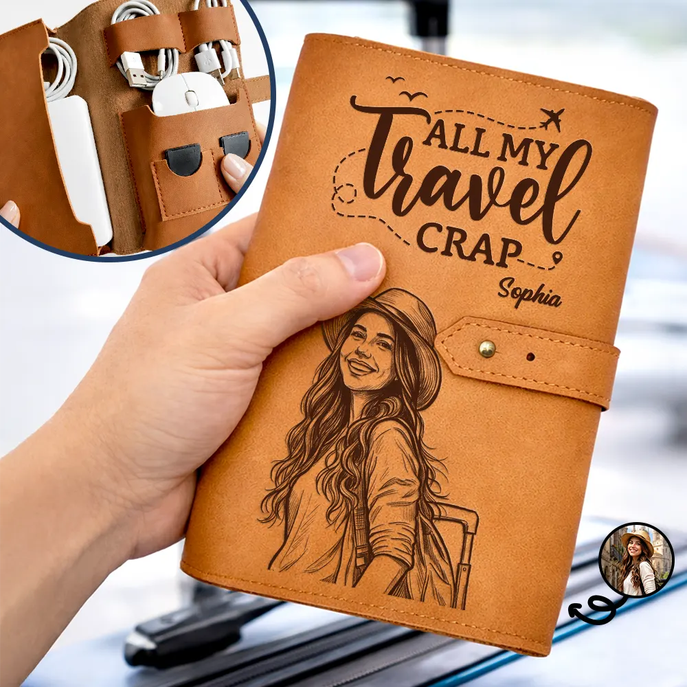 Custom Photo, Beach, Art Design, Summer, Gift For Yourself, Playful, Photo - Pencil Sketch - Bold - Custom Photo Bold Sketch All My Travel Crap Woman Man Portrait - Personalized Leather Cable Bag