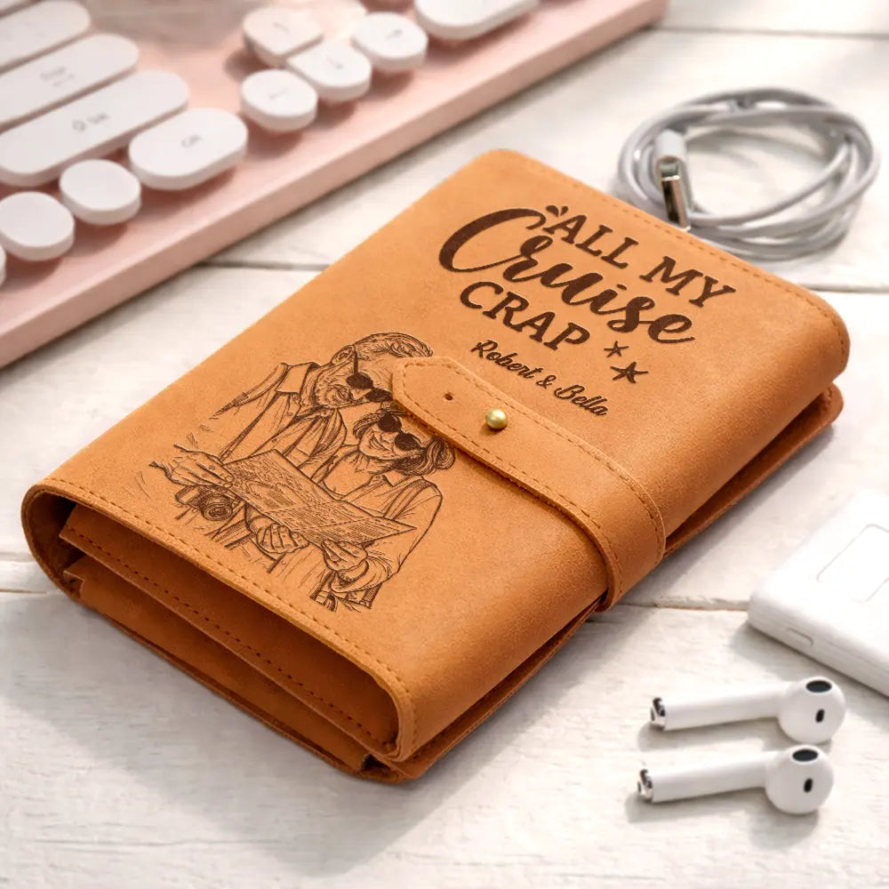 Custom Photo, Beach, Art Design, Summer, Gift For Yourself, Playful, Photo - Pencil Sketch - Bold - Custom Photo Bold Sketch All My Travel Crap Woman Man Portrait - Personalized Leather Cable Bag