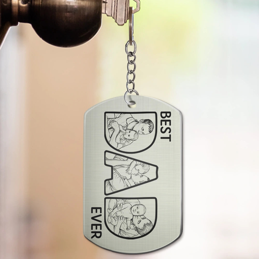 Gift For Husband,Gift For Yourself,Gift For Men,Gift For Father,Non-Eng,Photo - Pencil Sketch (Bold),Proud - Custom Photo Bold Sketch Best Dad Ever - Personalized Aluminum Keychain
