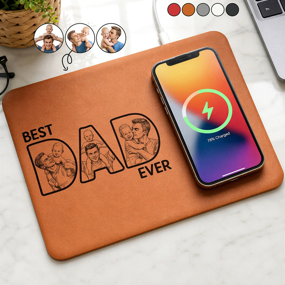 Gift For Husband,Gift For Yourself,Gift For Men,Gift For Father,Non-Eng,Photo - Pencil Sketch (Bold),Cozy - Custom Photo Bold Sketch Best Dad Ever - Personalized Leather Charging Mat