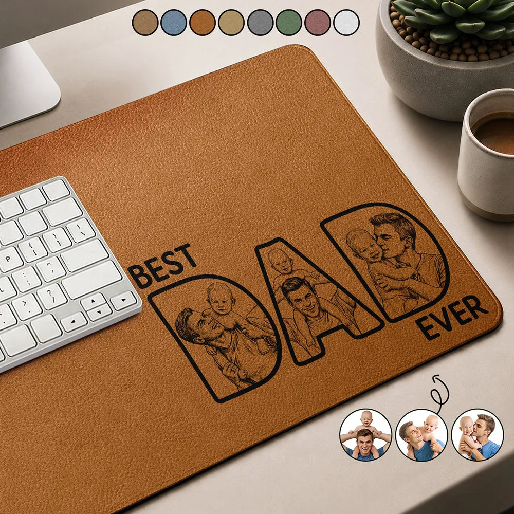 Custom Photo Bold Sketch Best Dad Ever - Personalized Leather Desk Mat