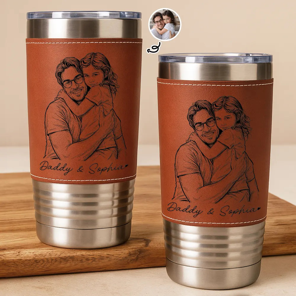 Custom Photo Bold Sketch Best Dad Grandpa Ever Family Portrait - Personalized Leather Tumbler