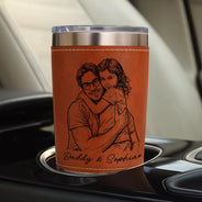 Gift For Father,Gift For Grandpa,Non-Eng,Photo - Pencil Sketch (Bold),Proud - Custom Photo Bold Sketch Best Dad Grandpa Ever Family Portrait - Personalized Leather Tumbler