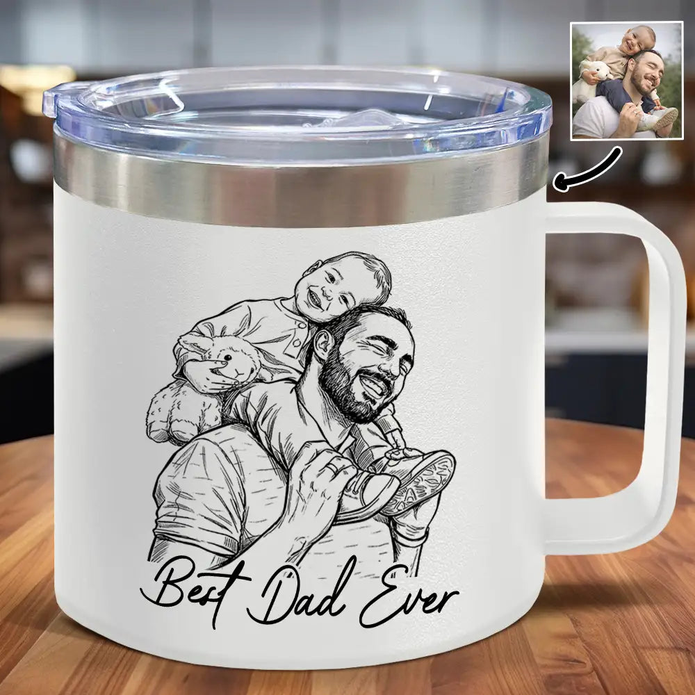 Gift For Father,Gift For Grandpa,Non-Eng,Photo - Pencil Sketch (Bold),Proud - Custom Photo Bold Sketch Best Dad Grandpa Ever Family Portrait - Personalized 14oz Stainless Steel Tumbler With Handle