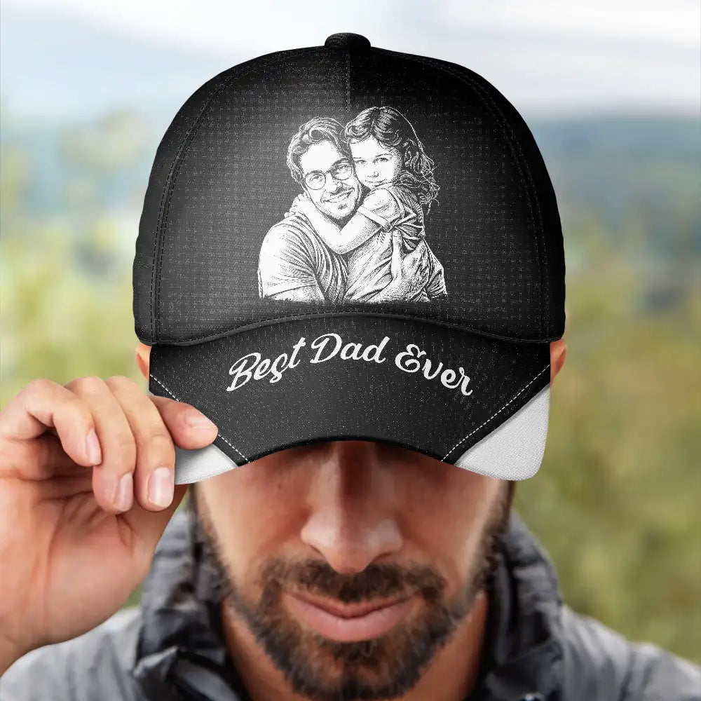 Gift For Father,Custom Photo,Art Design,Proud,Photo - Pencil Sketch - Bold - Custom Photo Bold Sketch Best Dad Grandpa Ever Family Portrait - Personalized Classic Cap