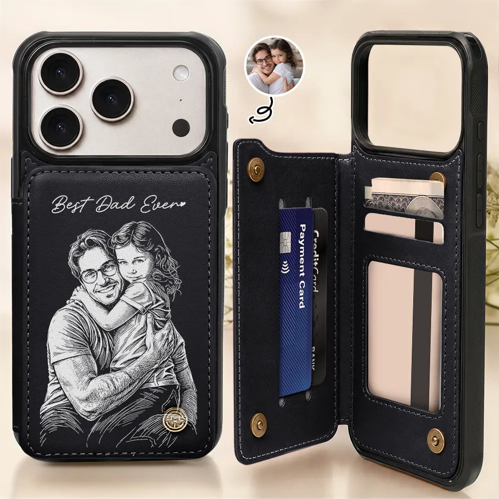 Custom Photo Bold Sketch Best Dad Grandpa Ever Family Portrait - Personalized Leather Flip Wallet Phone Case