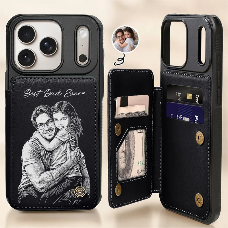 Gift For Father,Gift For Grandpa,Non-Eng,Photo - Pencil Sketch (Bold),Proud - Custom Photo Bold Sketch Best Dad Grandpa Ever Family Portrait - Personalized Leather Flip Wallet Phone Case
