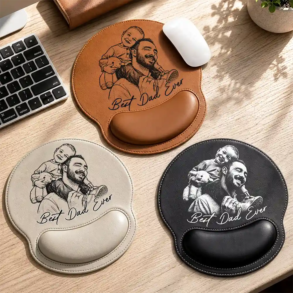 Gift For Husband,Gift For Grandpa,Gift For Father,Dad - Children,Grandpa - Grandkids,Top Market,Non-Eng,Photo - Pencil Sketch (Bold),Sentimental - Custom Photo Bold Sketch Best Dad Papa Ever - Personalized Leather Mouse Pad