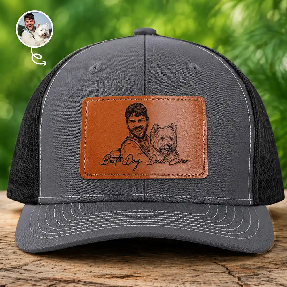 Custom Photo Bold Sketch Best Dog Dad Ever - Personalized Leather Patch Hat
