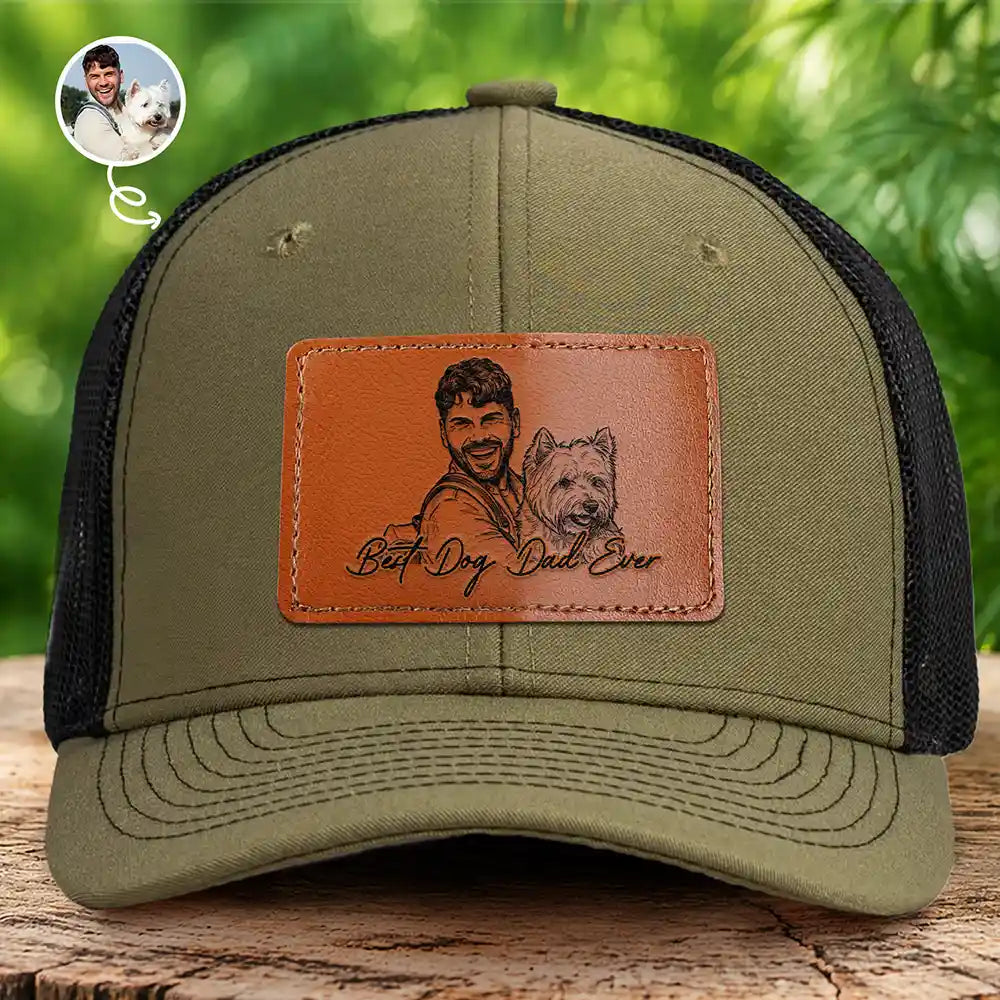 Pet Lovers,Pet Dad,Dog Lovers,Dog Dad,Cat Lovers,Cat Dad,Non-Eng,Photo - Pencil Sketch (Bold),Adorable - Custom Photo Bold Sketch Best Dog Dad Ever - Personalized Leather Patch Hat