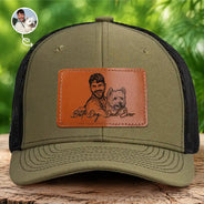 Pet Lovers,Pet Dad,Dog Lovers,Dog Dad,Cat Lovers,Cat Dad,Non-Eng,Photo - Pencil Sketch (Bold),Adorable - Custom Photo Bold Sketch Best Dog Dad Ever - Personalized Leather Patch Hat
