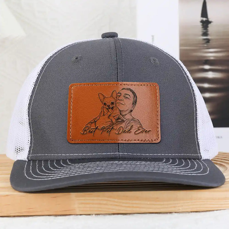 Pet Lovers,Pet Dad,Dog Lovers,Dog Dad,Cat Lovers,Cat Dad,Non-Eng,Photo - Pencil Sketch (Bold),Adorable - Custom Photo Bold Sketch Best Dog Dad Ever - Personalized Leather Patch Hat