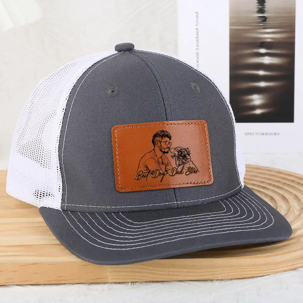 Pet Lovers,Pet Dad,Dog Lovers,Dog Dad,Cat Lovers,Cat Dad,Non-Eng,Photo - Pencil Sketch (Bold),Adorable - Custom Photo Bold Sketch Best Dog Dad Ever - Personalized Leather Patch Hat