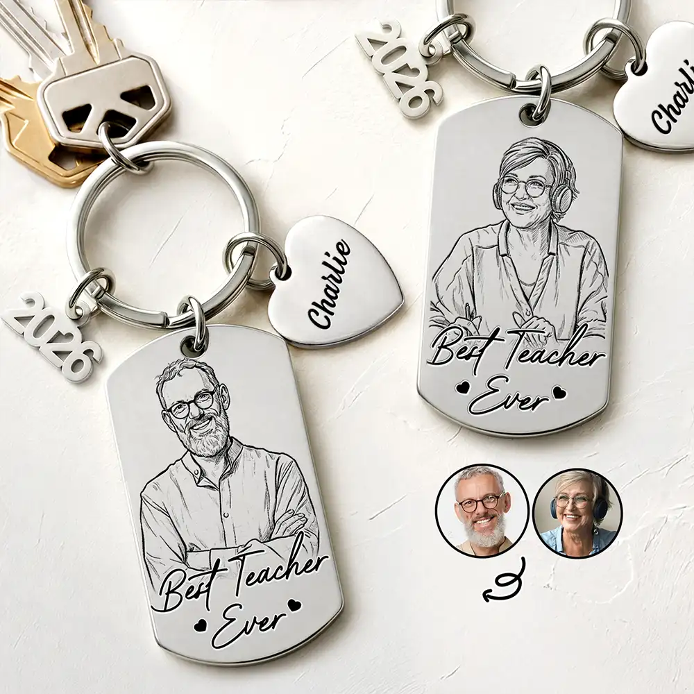 Custom Photo Bold Sketch Best Teacher Ever - Personalized Stainless Steel Keychain