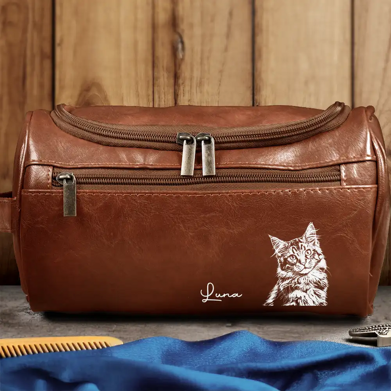 Custom Photo,Beach,Art Design,Summer,Pet Lovers,Playful,Photo - Pencil Sketch - Bold - Custom Photo Bold Sketch Besties Family Pet Funny Portrait - Personalized Leather Toiletry Bag