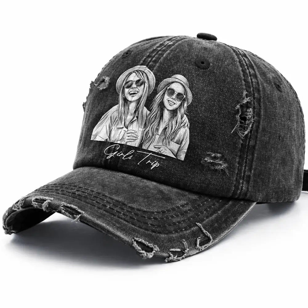 Custom Photo, Beach, Art Design, Summer, Pet Lovers, Playful, Photo - Pencil Sketch - Bold - Custom Photo Bold Sketch Besties Family Pet Funny Portrait - Personalized Distressed Cap