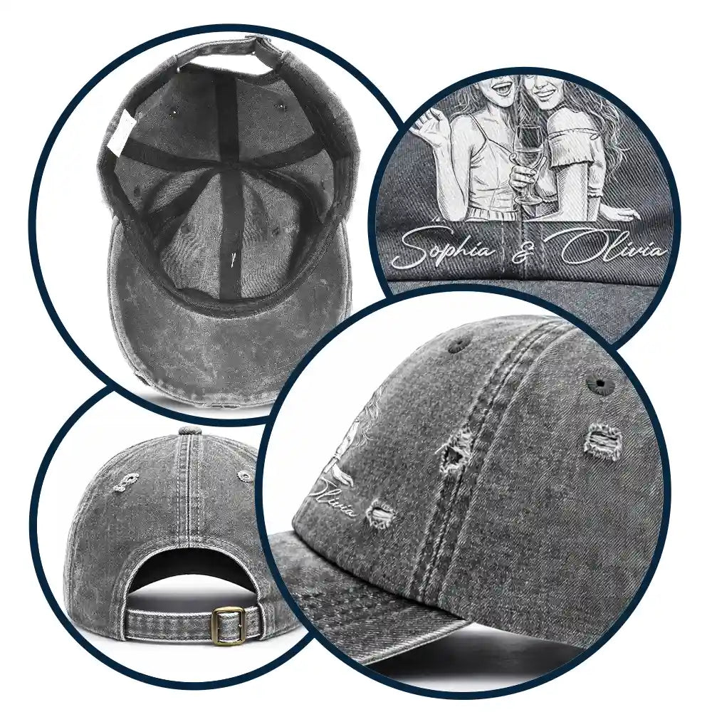 Custom Photo, Beach, Art Design, Summer, Pet Lovers, Playful, Photo - Pencil Sketch - Bold - Custom Photo Bold Sketch Besties Family Pet Funny Portrait - Personalized Distressed Cap