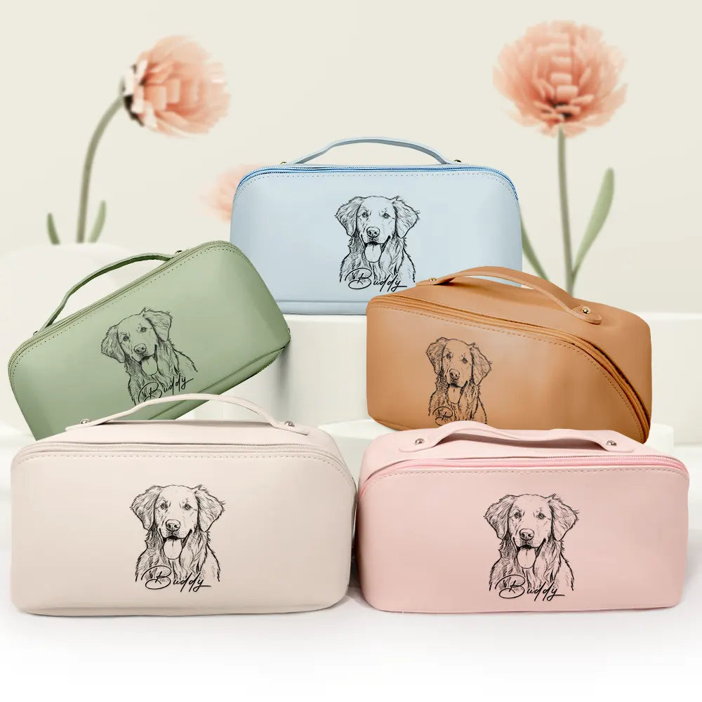Custom Photo, Beach, Art Design, Summer, Pet Lovers, Playful, Photo - Pencil Sketch - Bold - Custom Photo Bold Sketch Besties Pet Funny Portrait - Personalized Leather Makeup Bag
