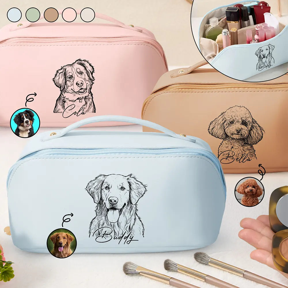 Custom Photo, Beach, Art Design, Summer, Pet Lovers, Playful, Photo - Pencil Sketch - Bold - Custom Photo Bold Sketch Besties Pet Funny Portrait - Personalized Leather Makeup Bag