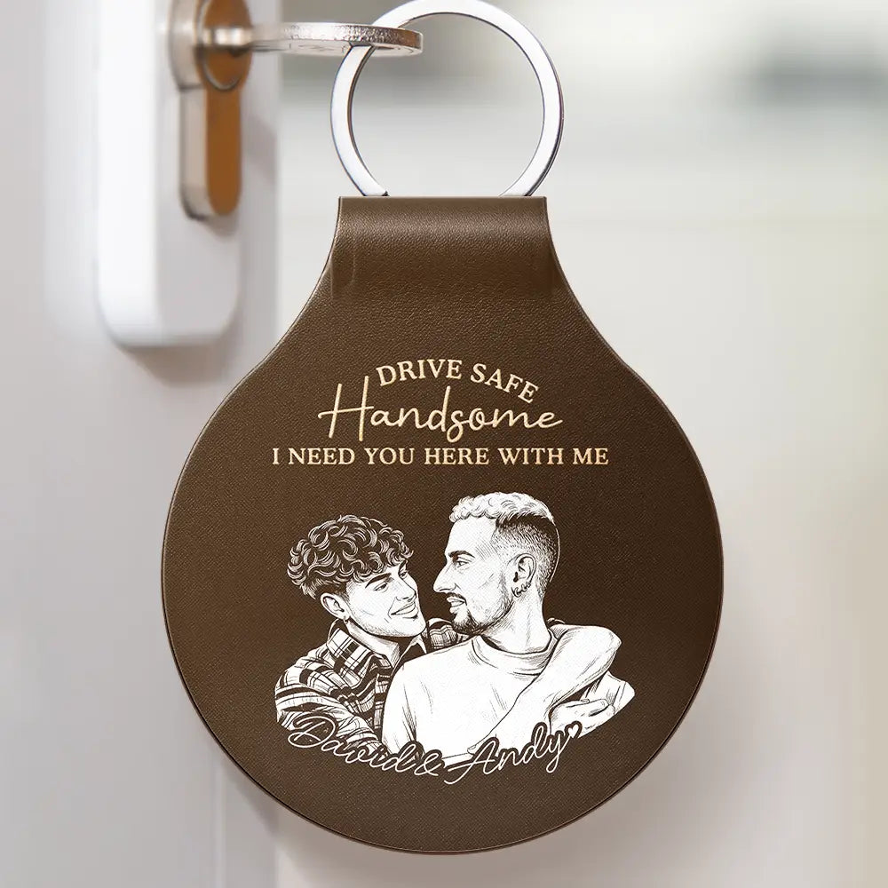 Gift For Couples,Gift For Husband,Gift For Wife,Gift For Boyfriend,Gift For Girlfriend,LGBT,Non-Eng,Photo - Pencil Sketch (Bold),Romantic - Custom Photo Bold Sketch Couple Drive Safe I Love You - Personalized Custom Shaped Leather Keychain