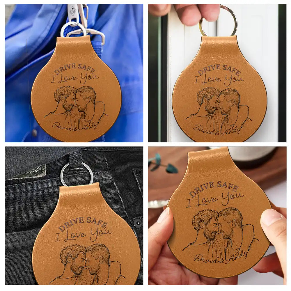 Gift For Couples,Gift For Husband,Gift For Wife,Gift For Boyfriend,Gift For Girlfriend,LGBT,Non-Eng,Photo - Pencil Sketch (Bold),Romantic - Custom Photo Bold Sketch Couple Drive Safe I Love You - Personalized Custom Shaped Leather Keychain