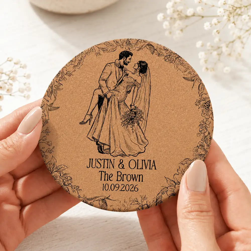 Art Design,Custom Photo,Romantic,Gift For Couples,Wedding,Photo - Pencil Sketch - Bold - Custom Photo Bold Sketch Couples Wedding Engaged Bachelor Party - Personalized Cork Coaster