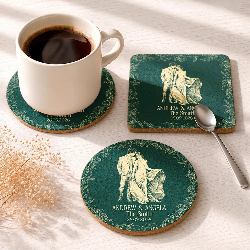 Art Design,Custom Photo,Romantic,Gift For Couples,Wedding,Photo - Pencil Sketch - Bold - Custom Photo Bold Sketch Couples Wedding Engaged Bachelor Party - Personalized Cork Coaster