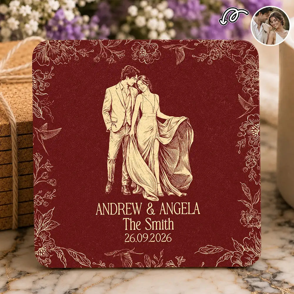 Art Design,Custom Photo,Romantic,Gift For Couples,Wedding,Photo - Pencil Sketch - Bold - Custom Photo Bold Sketch Couples Wedding Engaged Bachelor Party - Personalized Cork Coaster