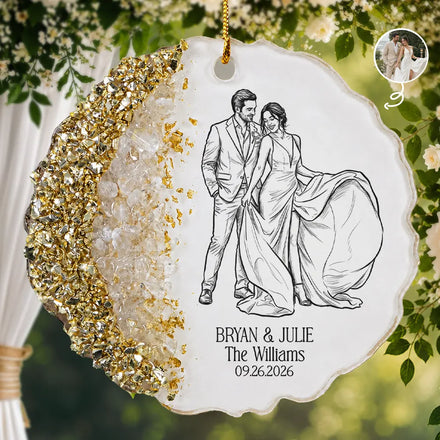 Custom Photo Bold Sketch Couples Wedding Engaged Bachelor Party - Personalized Resin Ornament