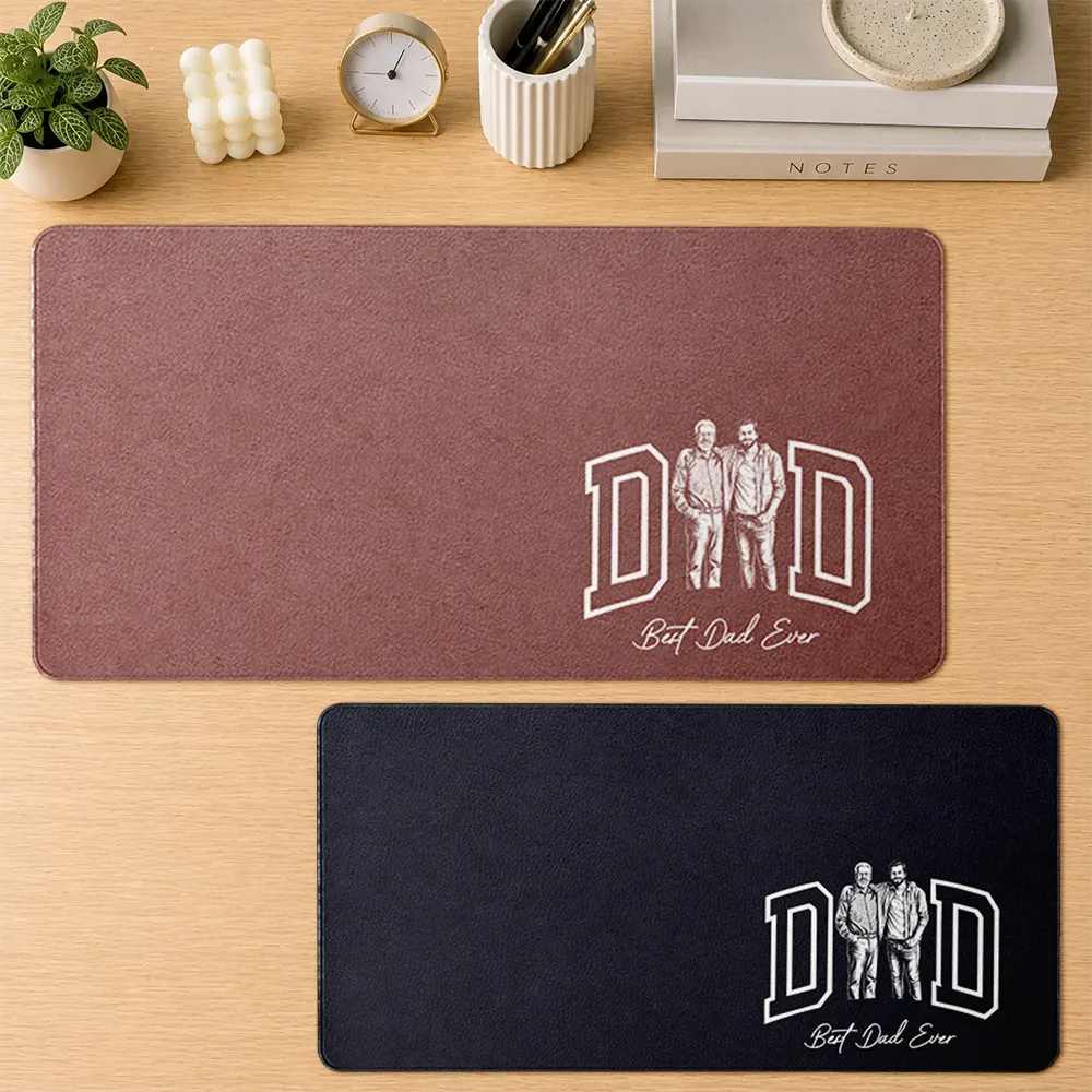Gift For Husband,Gift For Mother,Gift For Grandpa,Gift For Father,Dad - Children,Grandpa - Grandkids,Non-Eng,Photo - Pencil Sketch (Bold),Sentimental - Custom Photo Bold Sketch Dad Papa Mom I Love You - Personalized Leather Desk Mat