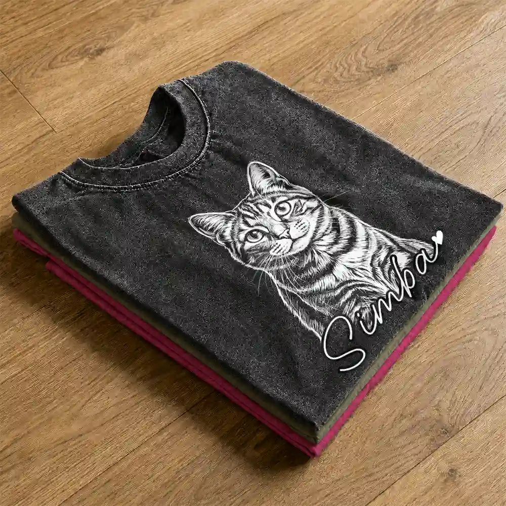 Custom Photo,Art Design,Pet Lovers,Playful,Photo - Pencil Sketch - Bold - Custom Photo Bold Sketch Dog Cat Pet - Personalized Vintage Washed T Shirt