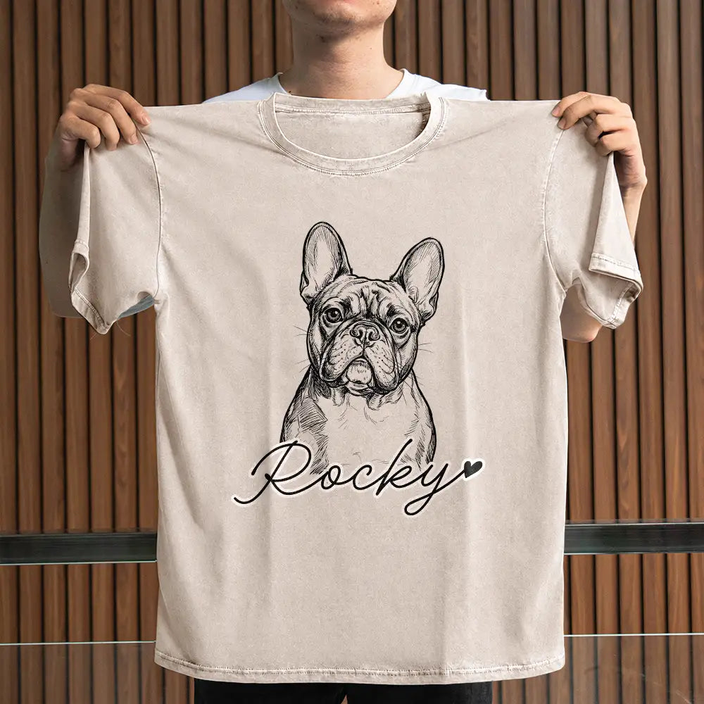 Custom Photo,Art Design,Pet Lovers,Playful,Photo - Pencil Sketch - Bold - Custom Photo Bold Sketch Dog Cat Pet - Personalized Vintage Washed T Shirt