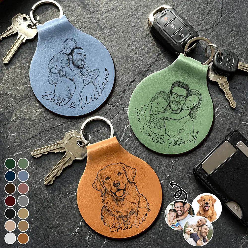 Family,Gift For Father,Gift For Bestie,Gift For Brothers,Gift For Sibling,Gift For Grandpa,Gift For Husband,Gift For Women,LGBT,Non-Eng,Photo - Pencil Sketch (Bold),Cozy - Custom Photo Bold Sketch Family Besties Dog Cat Portrait - Personalized Custom Shaped Leather Keychain