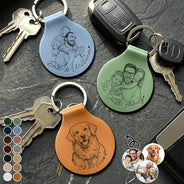 Family,Gift For Father,Gift For Bestie,Gift For Brothers,Gift For Sibling,Gift For Grandpa,Gift For Husband,Gift For Women,LGBT,Non-Eng,Photo - Pencil Sketch (Bold),Cozy - Custom Photo Bold Sketch Family Besties Dog Cat Portrait - Personalized Custom Shaped Leather Keychain
