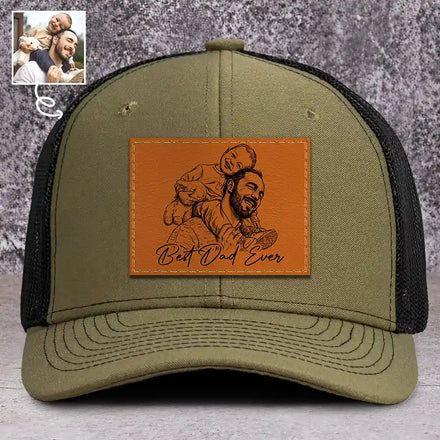 Custom Photo Bold Sketch Family Dad Papa Portrait - Personalized Leather Patch Hat