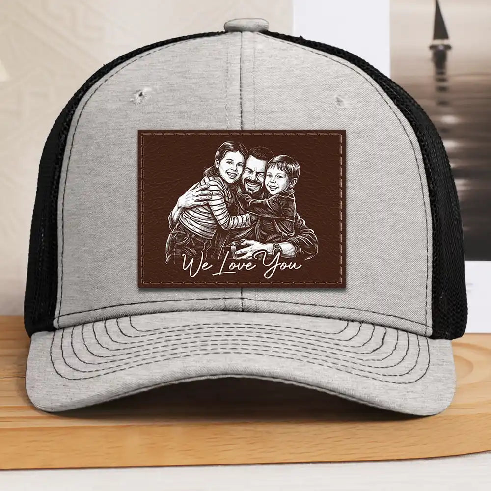Gift For Father,Gift For Grandpa,Non-Eng,Photo - Pencil Sketch (Bold),Proud - Custom Photo Bold Sketch Family Dad Papa Portrait - Personalized Leather Patch Hat