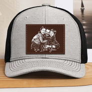 Gift For Father,Gift For Grandpa,Non-Eng,Photo - Pencil Sketch (Bold),Proud - Custom Photo Bold Sketch Family Dad Papa Portrait - Personalized Leather Patch Hat