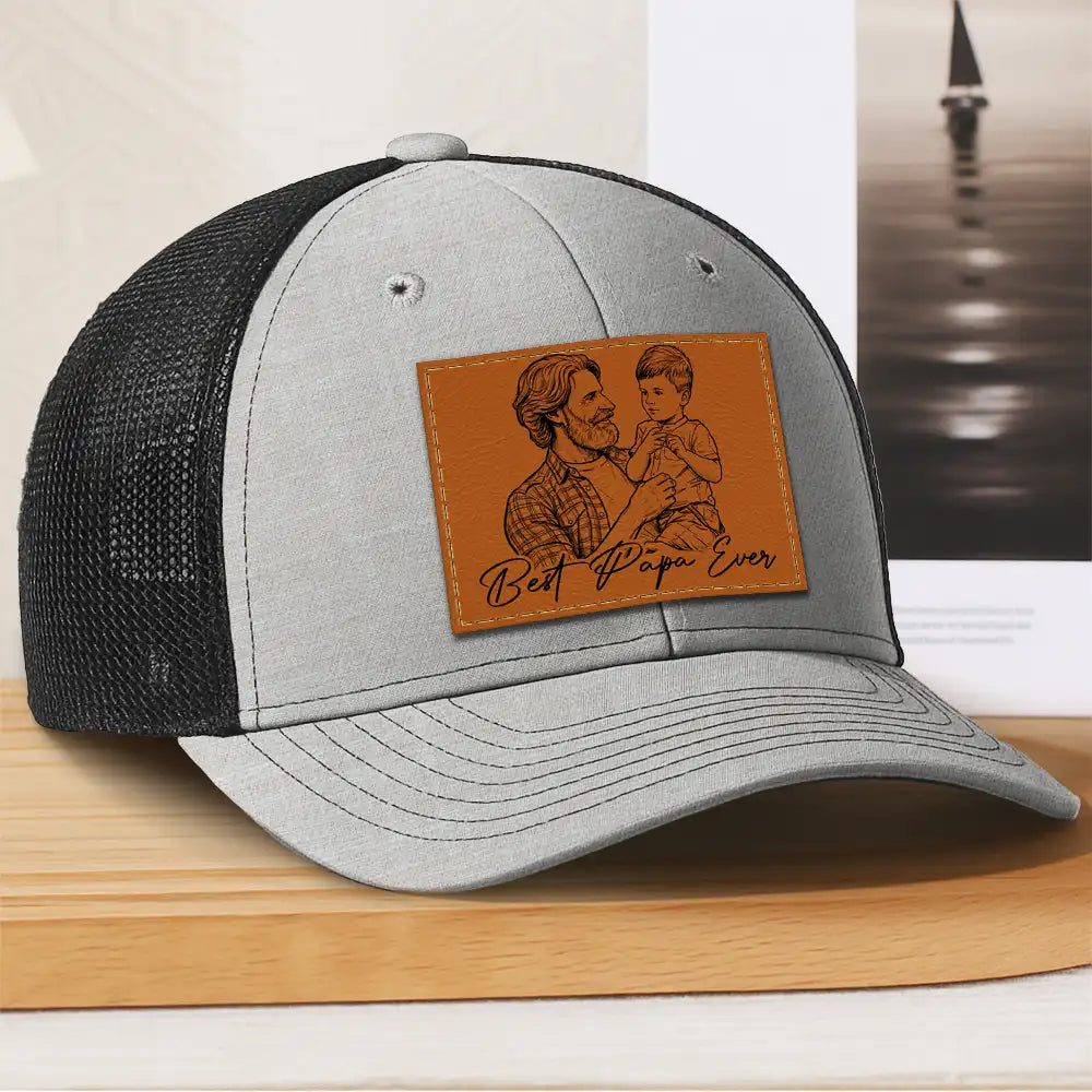 Gift For Father,Gift For Grandpa,Non-Eng,Photo - Pencil Sketch (Bold),Proud - Custom Photo Bold Sketch Family Dad Papa Portrait - Personalized Leather Patch Hat