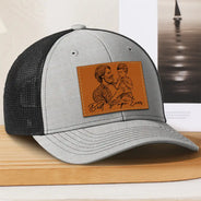 Gift For Father,Gift For Grandpa,Non-Eng,Photo - Pencil Sketch (Bold),Proud - Custom Photo Bold Sketch Family Dad Papa Portrait - Personalized Leather Patch Hat