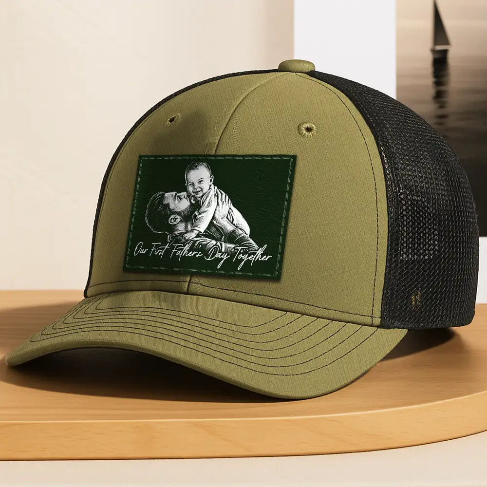 Gift For Father,Gift For Grandpa,Non-Eng,Photo - Pencil Sketch (Bold),Proud - Custom Photo Bold Sketch Family Dad Papa Portrait - Personalized Leather Patch Hat