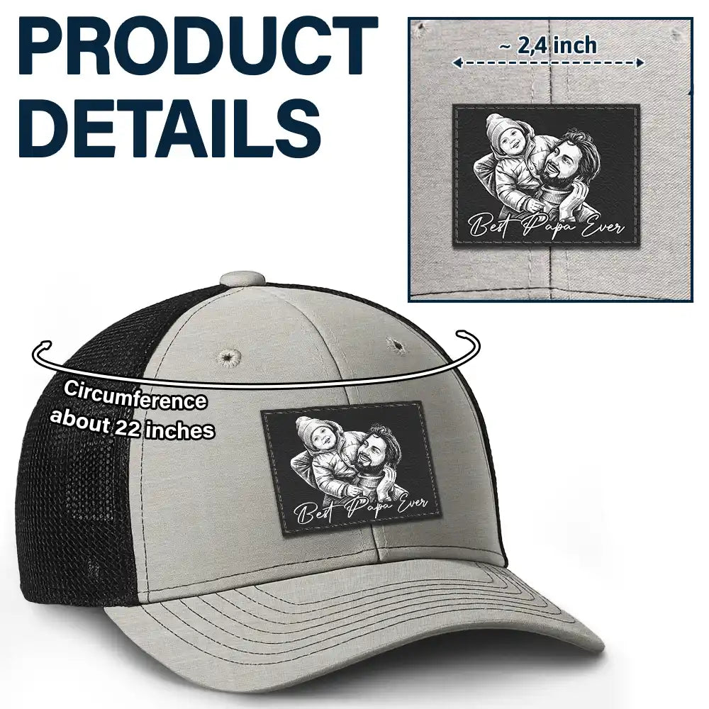 Gift For Father,Gift For Grandpa,Non-Eng,Photo - Pencil Sketch (Bold),Proud - Custom Photo Bold Sketch Family Dad Papa Portrait - Personalized Leather Patch Hat