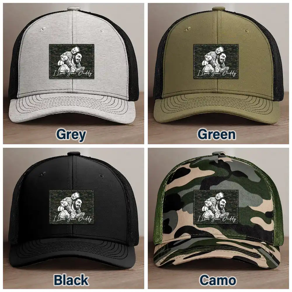 Gift For Father,Gift For Grandpa,Non-Eng,Photo - Pencil Sketch (Bold),Proud - Custom Photo Bold Sketch Family Dad Papa Portrait - Personalized Leather Patch Hat