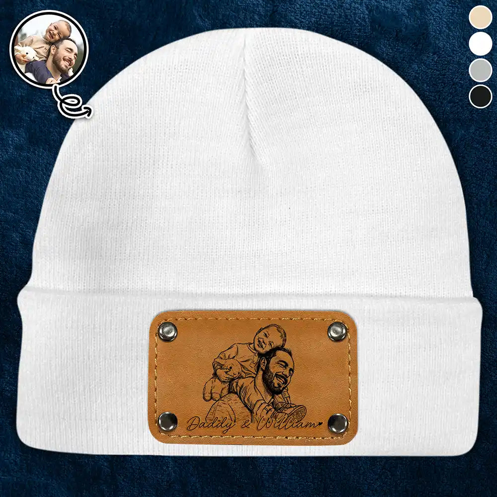 Gift For Father,Custom Photo,Art Design,Adorable,Photo - Pencil Sketch - Bold - Custom Photo Bold Sketch Family Dog Cat Portrait - Personalized Beanie With Leather Patch