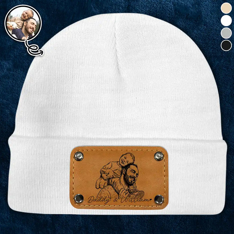 Gift For Father,Custom Photo,Art Design,Adorable,Photo - Pencil Sketch - Bold - Custom Photo Bold Sketch Family Dog Cat Portrait - Personalized Beanie With Leather Patch