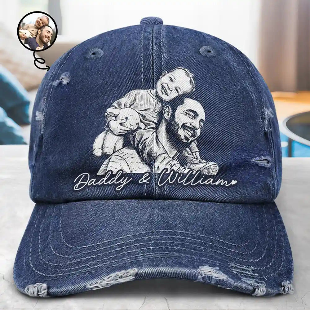 Gift For Father,Custom Photo,Art Design,Adorable,Photo - Pencil Sketch - Bold - Custom Photo Bold Sketch Family Dog Cat Portrait - Personalized Distressed Cap