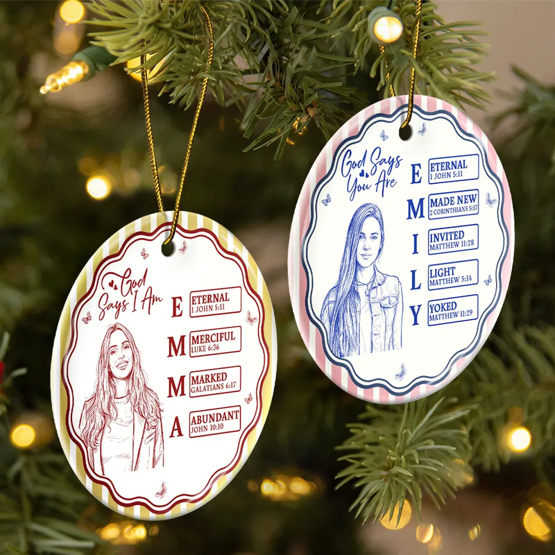 Art Design,Christian,Gift For Children,Christmas,Inspirational,Gift For Daughter,Photo - Pencil Sketch - Bold - Custom Photo Bold Sketch God Says I Am Striped Pattern For Daughters Sisters Besties - Personalized Circle Ceramic Ornament