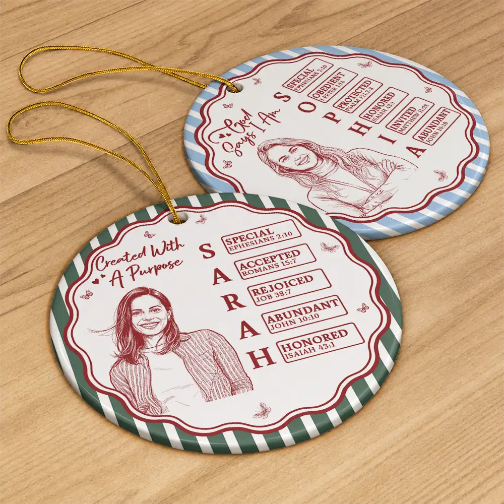 Art Design,Christian,Gift For Children,Christmas,Inspirational,Gift For Daughter,Photo - Pencil Sketch - Bold - Custom Photo Bold Sketch God Says I Am Striped Pattern For Daughters Sisters Besties - Personalized Circle Ceramic Ornament